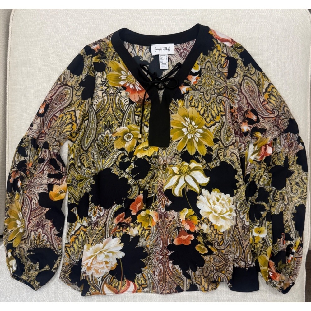 Joseph Ribkoff Blouse Womens 8 Paisley Floral Lace Up Balloon Sleeve Excellent